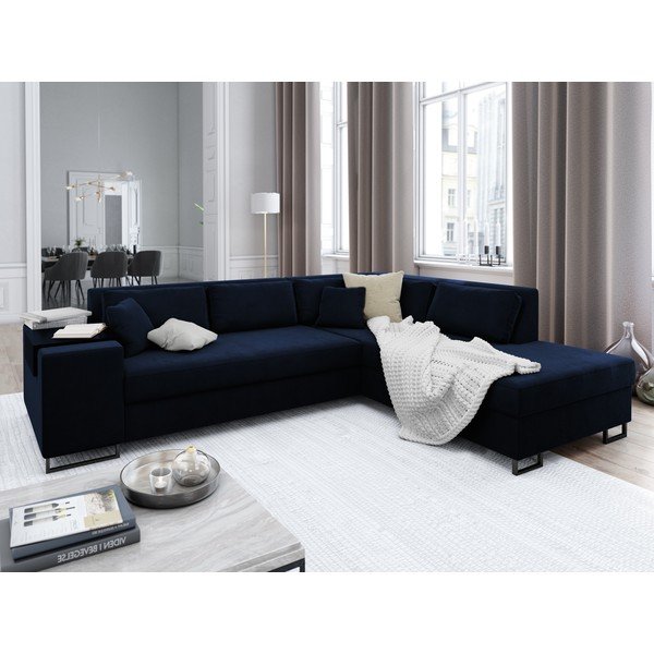 Modra žametna kotna raztegljiva sedežna garnitura Cosmopolitan Design York, desni kot-image-1