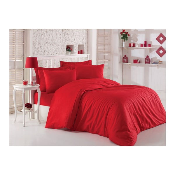 Rdeče posteljno perilo z rjuho za zakonsko posteljo iz balzamičnega satena, 200 x 220 cm