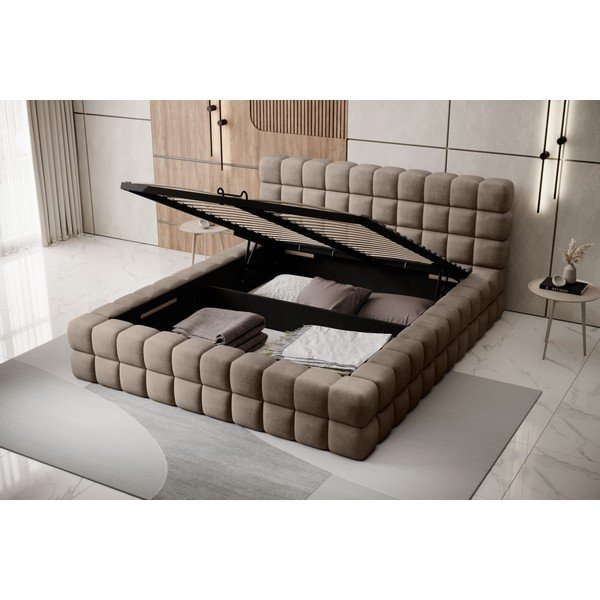 Svetlo rjava oblazinjena zakonska postelja s prostorom za shranjevanje in z letvenim dnom 140x200 cm Dizzle – ELTAP-image-2