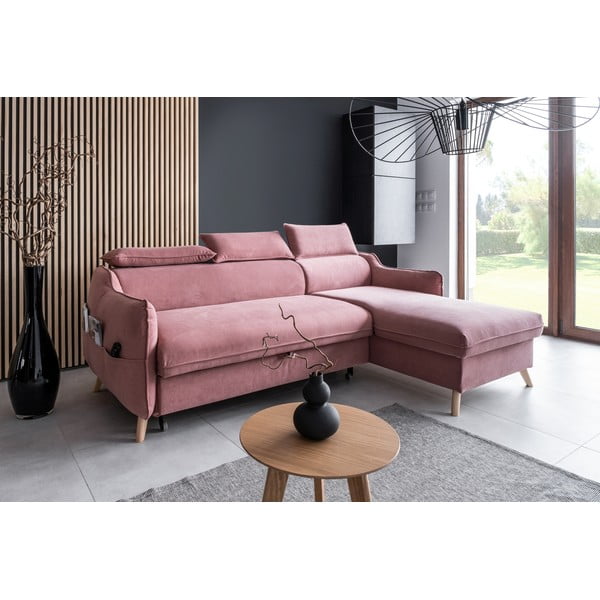 Svetlo rožnata žametna raztegljiva kotna sedežna garnitura (desni kot) Sweet Harmony – Miuform-image-3