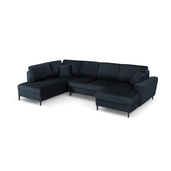 Temno modra žametna raztegljiva kotna sedežna garnitura s prostorom za shranjevanje (levi kot/v obliki črke "U") Kyoto – Cosmopolitan Design-image-1