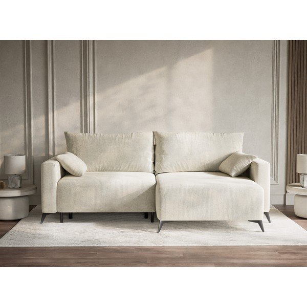 Kremno bela raztegljiva/s prostorom za shranjevanje kotna sedežna garnitura iz šenilje (desni kot/z ležalnikom) Leon – Maison de Rêve-image-1