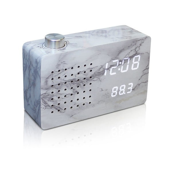 Siva budilka z belim zaslonom LED in radiem Gingko Radio Click Clock Marble