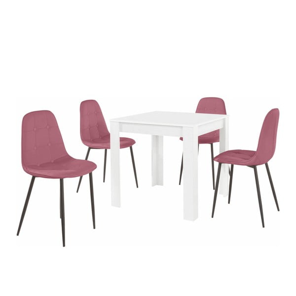 Komplet bele jedilne mize in 4 roza jedilnih stolov Støraa Lori Lamar Duro
