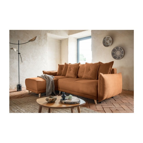 Opečnato oranžna raztegljiva kotna sedežna garnitura iz rebrastega žameta (s kotom po izbiri) Lazy Lukka – Miuform-image-1