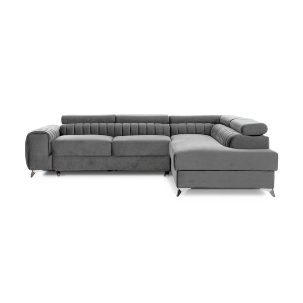 Siva žametna raztegljiva/s prostorom za shranjevanje kotna sedežna garnitura (desni kot/v obliki črke L) Laurence – ELTAP