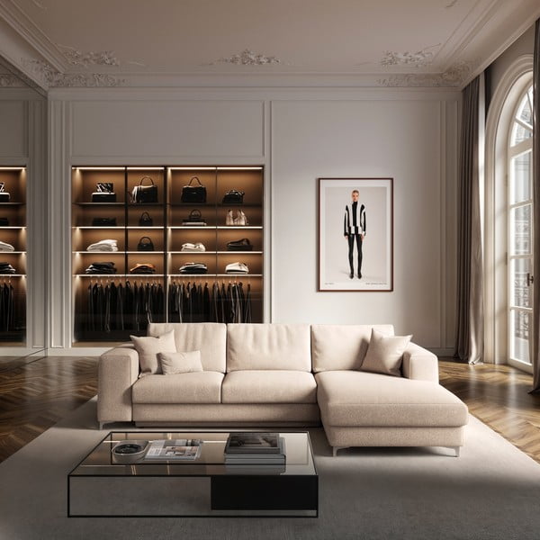 Bež raztegljiva kotna sedežna garnitura s prostorom za shranjevanje iz tkanine bouclé (desni kot/z ležalnikom) Rene – Rodier-image-1