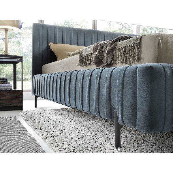 Modra oblazinjena zakonska postelja s prostorom za shranjevanje in z letvenim dnom 160x200 cm Plissa – ELTAP-image-3