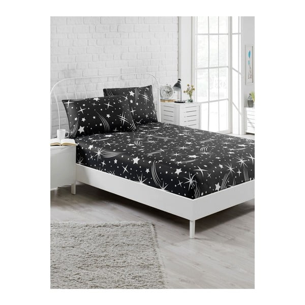 Komplet črne elastične rjuhe in 2 prevleki za vzglavnik za enojno posteljo Starry Night, 160 x 200 cm