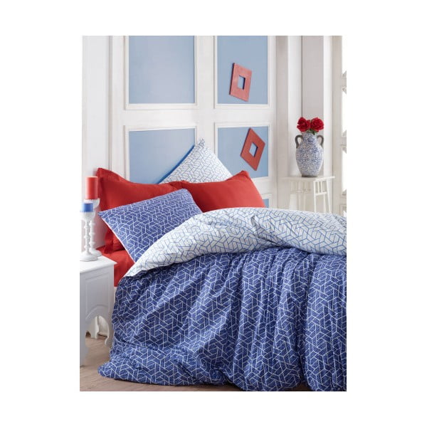 Modra bombažna posteljnina za zakonsko posteljo z rjuho Pave, 200 x 220 cm