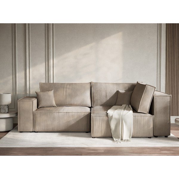 Bež raztegljiva/s prostorom za shranjevanje kotna sedežna garnitura iz rebrastega žameta (desni kot/v obliki črke L) Tonga – Maison de Rêve-image-1