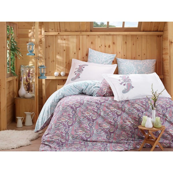 Vijolična podaljšana bombažna posteljnina za zakonsko posteljo z rjuho in pregrinjalom 240x260 cm Giulia - Mijolnir