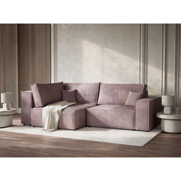 Vijolična raztegljiva/s prostorom za shranjevanje kotna sedežna garnitura iz rebrastega žameta (levi kot/v obliki črke L) Tonga – Maison de Rêve-image-4