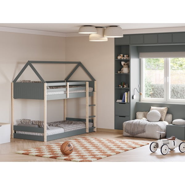 Otroška postelja v obliki hiške/pograd z letvenim dnom 90x190 cm v naravni barvi/prašno zelena Valka – Marckeric-image-4