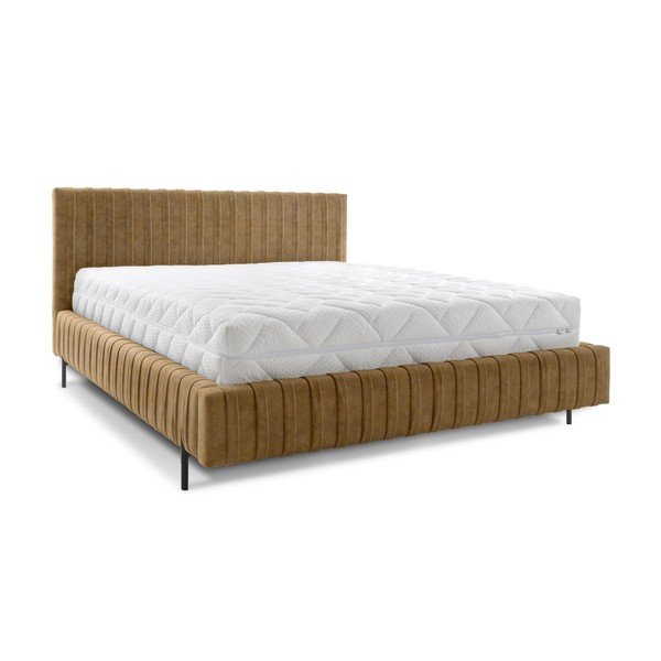 Oker rumena oblazinjena zakonska postelja s prostorom za shranjevanje in z letvenim dnom 160x200 cm Plissa – ELTAP