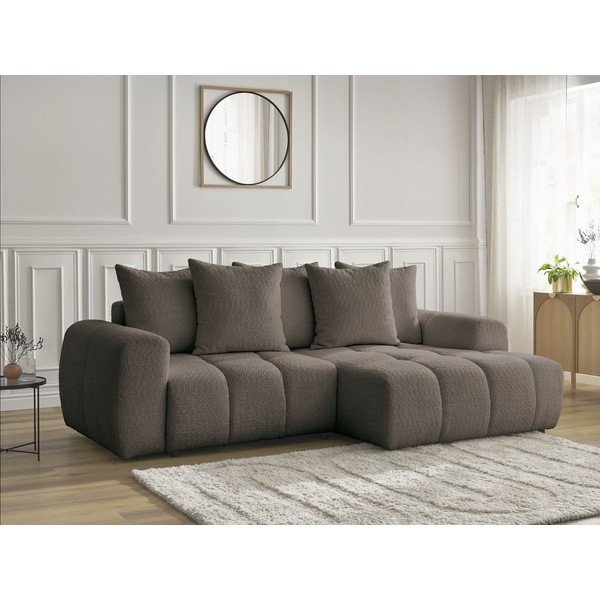 Rjava raztegljiva kotna sedežna garnitura iz tkanine bouclé s prostorom za shranjevanje (desni kot/z ležalnikom) Roxelane – Bobochic Paris-image-4