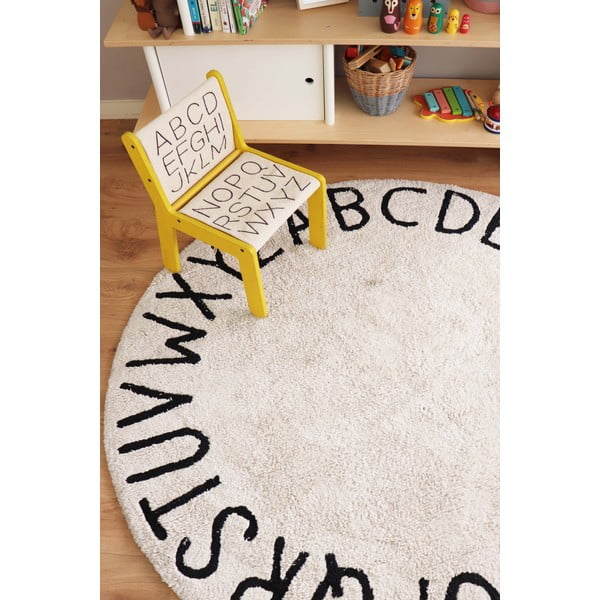 Kremno bela pralna ročno tkana bombažna otroška preproga ø150 cm ABC Natural Black – Lorena Canals-image-4