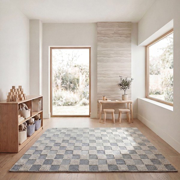 Modra pralna preproga iz mešanice bombaža 155x230 cm Muted Checkerboard – Flair Rugs-image-3