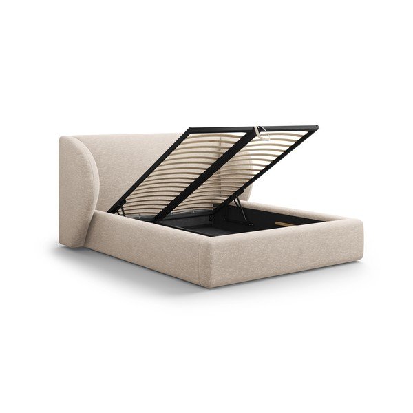 Bež oblazinjena zakonska postelja s prostorom za shranjevanje in z letvenim dnom 160x200 cm Miley – Micadoni -image-3