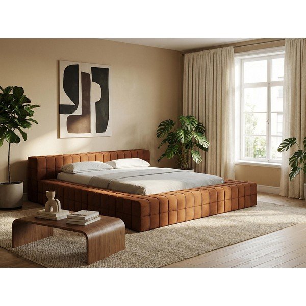 Sivorjava oblazinjena zakonska postelja z letvenim dnom 160x200 cm Akela – Makamii-image-1