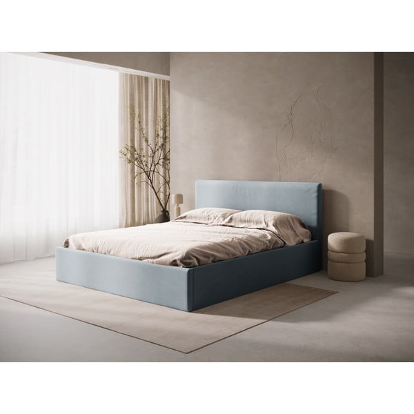 Svetlo modra oblazinjena zakonska postelja s prostorom za shranjevanje/brez vzglavja z letvenim dnom 140x200 cm Susan – Micadoni -image-1