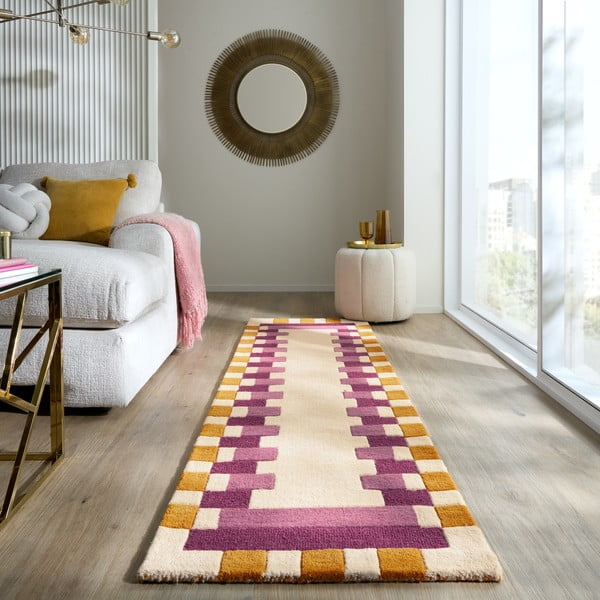 Rumen/rožnat ročno tkan volnen tekač 60x230 cm Kai Wool Border – Flair Rugs-image-1