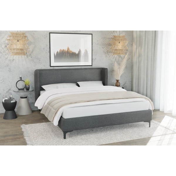 Temno siva oblazinjena zakonska postelja z letvenim dnom 180x200 cm Basti – Ropez-image-3