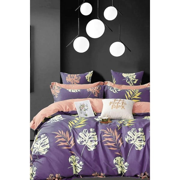 Vijolična podaljšana bombažna posteljnina za zakonsko posteljo z rjuho 200x220 cm Leaves – Mila Home