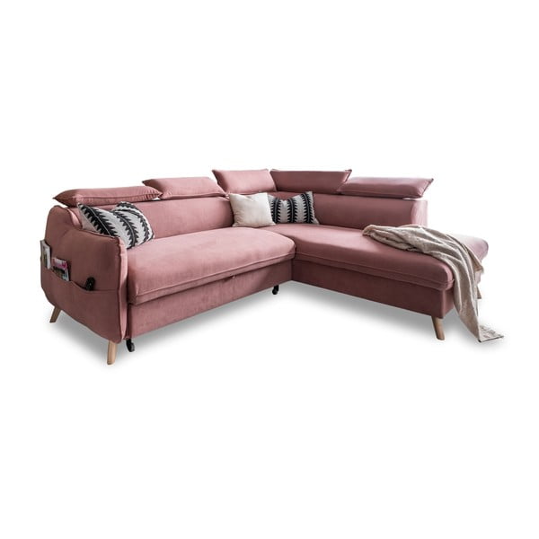 Svetlo rožnata žametna raztegljiva kotna sedežna garnitura (desni kot) Sweet Harmony – Miuform