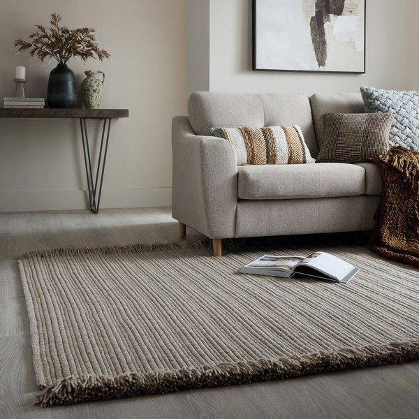 Siva ročno tkana preproga iz mešanice volne 200x290 cm Rene Fringed Ribbed – Flair Rugs-image-1