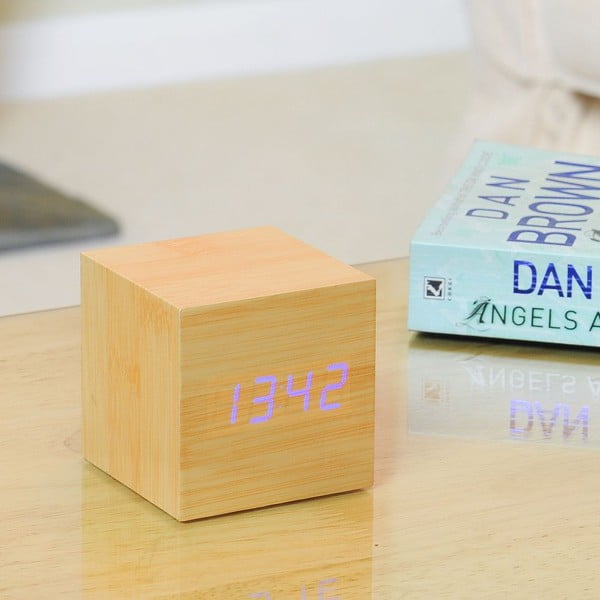 Modra LED budilka Cube Click Clock, bukev-image-1