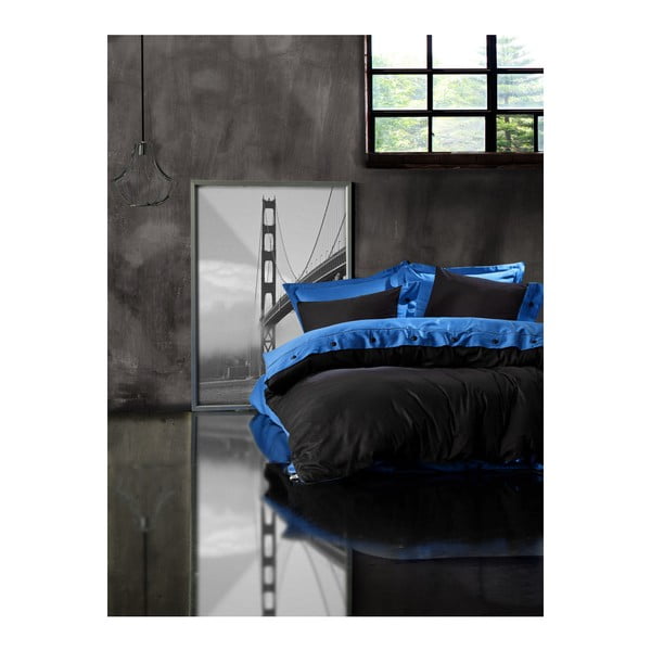 Prevleka za zakonsko posteljo z ranforce bombažno rjuho Modra črna, 200 x 220 cm