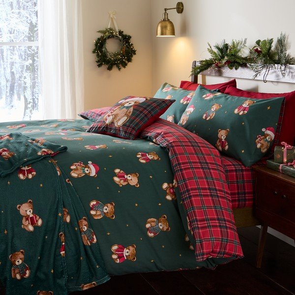 Rdeča/temno zelena enojna posteljnina 150x120 cm Christmas Tartan Teddy Bear – Catherine Lansfield-image-4