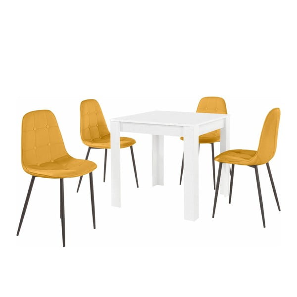 Komplet bele jedilne mize in 4 oranžnih jedilnih stolov Støraa Lori Lamar Duro