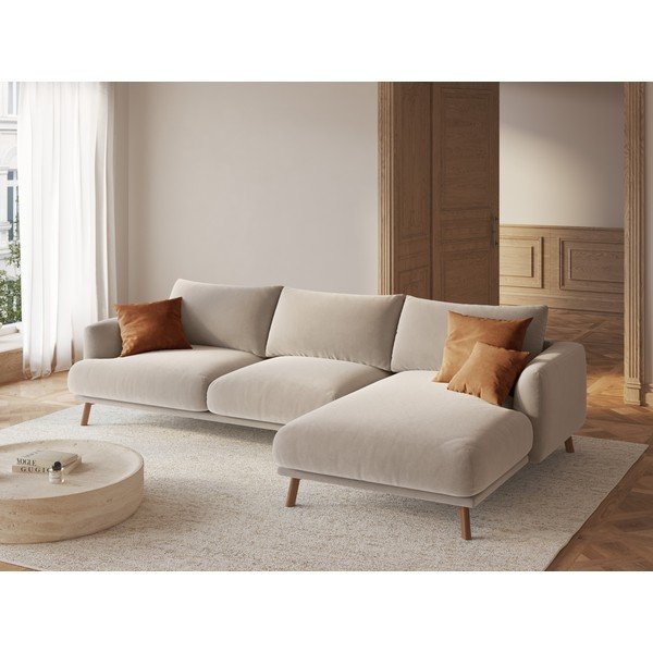 Bež žametna kotna sedežna garnitura (desni kot/z ležalnikom) Naomi – Micadoni -image-1