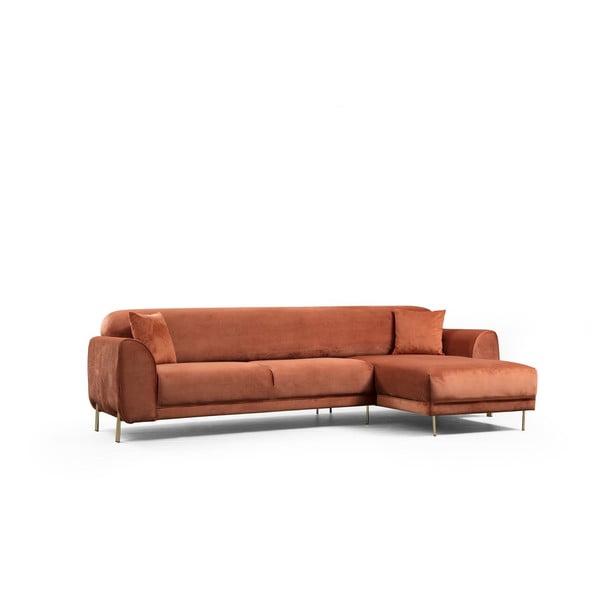 Oranžno-rjava kotna raztegljiva sedežna garnitura z žametno površino Artie Image, desni kot-image-4