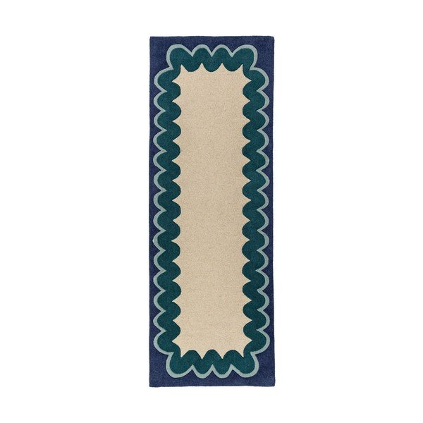 Ročno tkan volnen tekač v naravni barvi/zelenomoder 80x230 cm Wiggle Wool – Flair Rugs