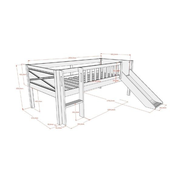 Bela dvignjena otroška postelja iz masivnega bora z letvenim dnom 90x200 cm Scott – Vipack-image-2