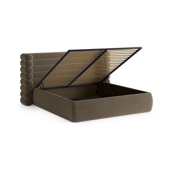 Sivorjava oblazinjena zakonska postelja s prostorom za shranjevanje in z letvenim dnom 180x200 cm Mount – Micadoni -image-2