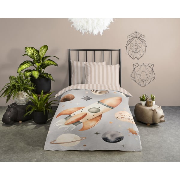 Sivo-bež enojna bombažna otroška posteljnina 140x200 cm Explore – Good Morning-image-1