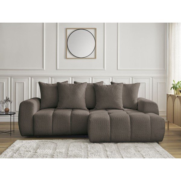 Rjava raztegljiva kotna sedežna garnitura iz tkanine bouclé s prostorom za shranjevanje (desni kot/z ležalnikom) Roxelane – Bobochic Paris-image-1