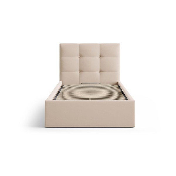 Svetlo rjava oblazinjena postelja s prostorom za shranjevanje in z letvenim dnom 90x200 cm Phaedra – Micadoni -image-3