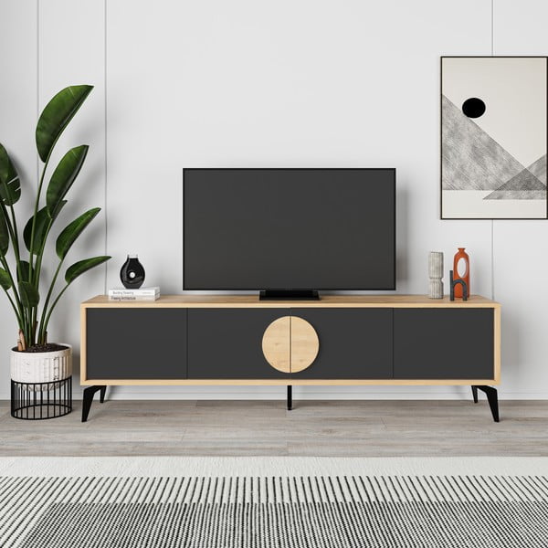 Črna/naravna TV omarica v hrastovem dekorju 180x51 cm Vae – Marckeric-image-4