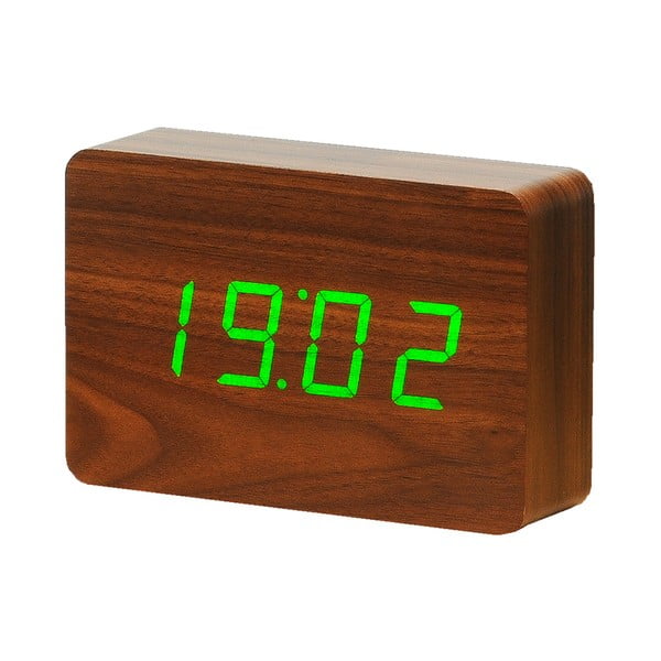 Temno rjava budilka z zelenim LED zaslonom Gingko Brick Click Clock