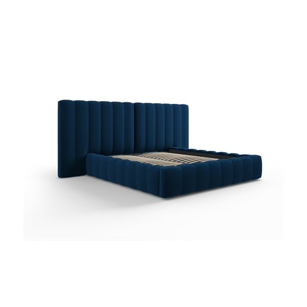 Temno modra oblazinjena zakonska postelja s prostorom za shranjevanje in letvenim dnom 160x200 cm Gina – Milo Casa