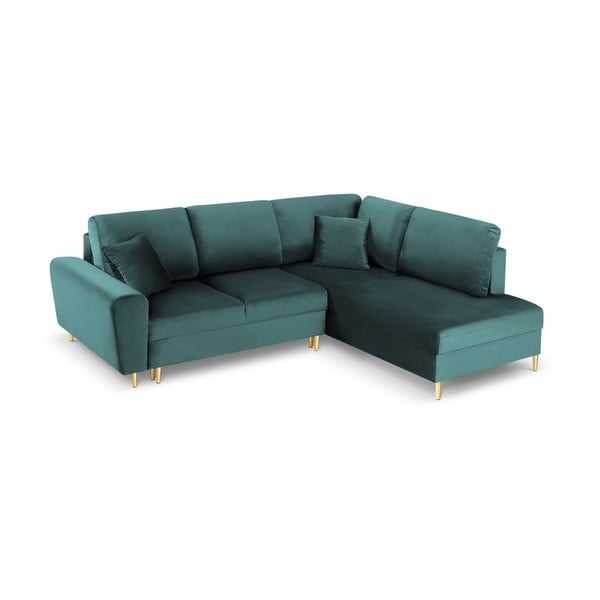 Modrozelena žametna raztegljiva kotna sedežna garnitura s prostorom za shranjevanje (desni kot/v obliki črke L) Kyoto – Cosmopolitan Design-image-1