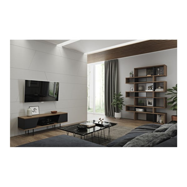 Črna knjižna omara z orehovim dekorjem TemaHome London-image-2