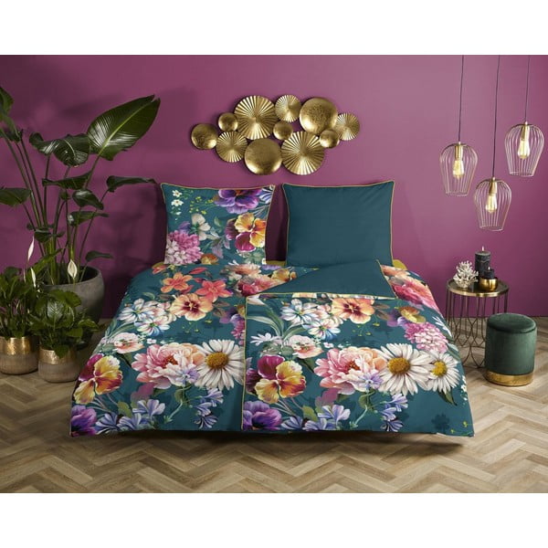 Petrolej modra posteljnina iz organskega bombaža Descanso Sunflower, 140 x 200 cm-image-1