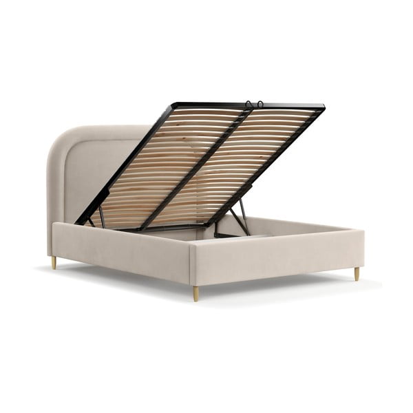Bež oblazinjena zakonska postelja s prostorom za shranjevanje z letvenim dnom 140x200 cm Mija – Maison de Rêve-image-3