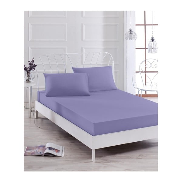 Komplet vijolične elastične rjuhe in 2 prevleki za vzglavnik za enojno posteljo Basso Purple, 160 x 200 cm